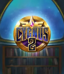 Discover the enchanting visuals of ELK Studios' Cygnus 2 Slot, showcasing a stunning emblem with a bright purple and gold design. Set against a starlit library setting, this image evokes the theme of adventure and mystery. 